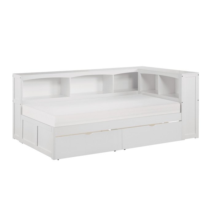 B2053BCW-1BCT* Twin Bookcase Corner Platform Bed with Storage Boxes