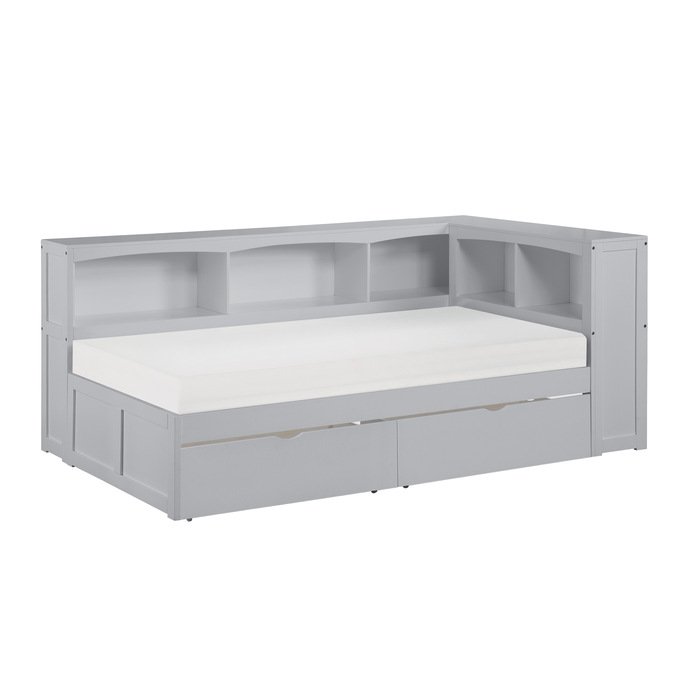 B2063BC-1BCT* Twin Bookcase Corner Platform Bed with Storage Boxes