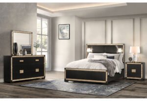 BLAKE BLACK/GOLD QUEEN BED WITH LAMPS, DRESSER, MIRROR, NIGHTSTAND