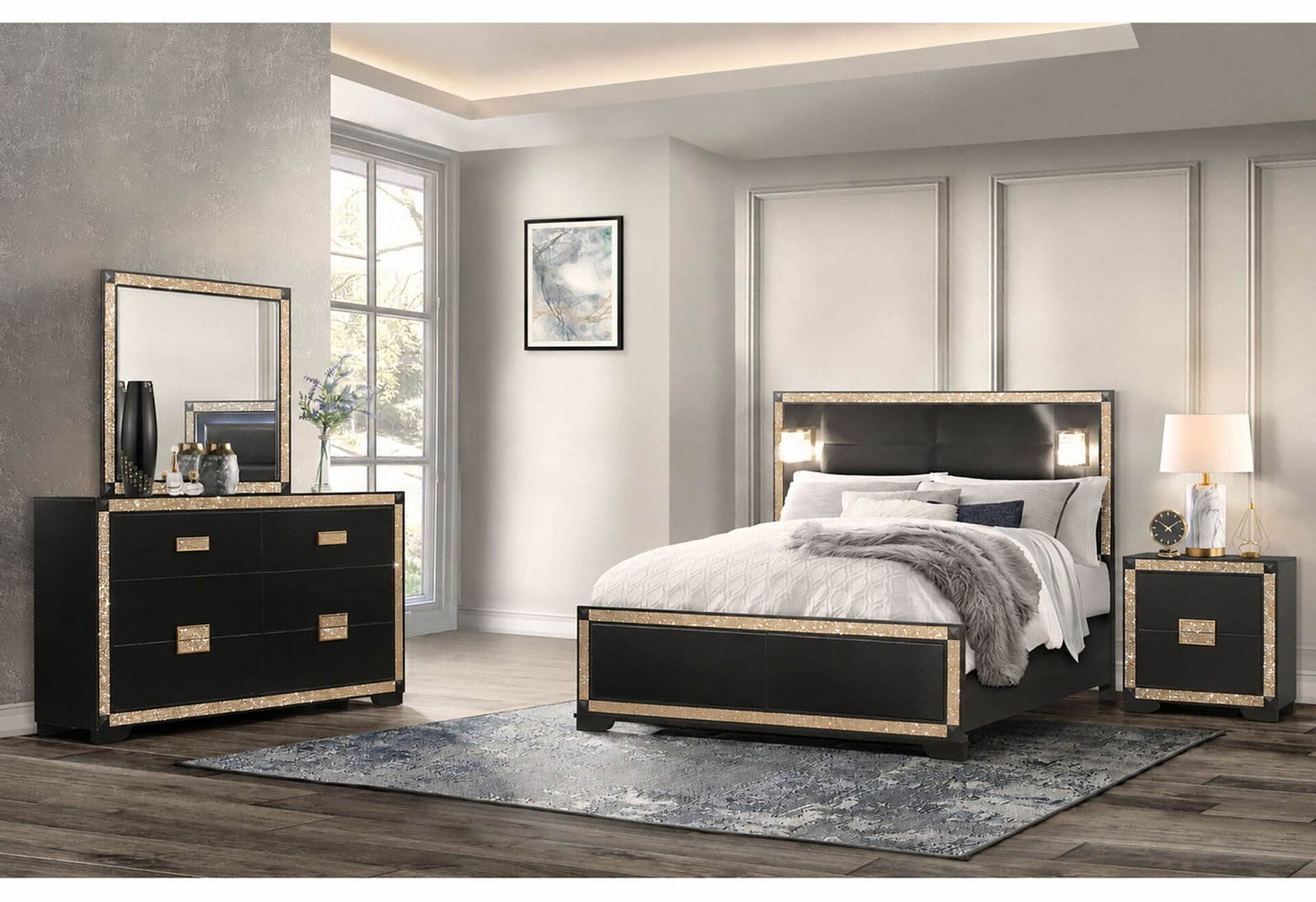 BLAKE BLACK/GOLD QUEEN BED WITH LAMPS, DRESSER, MIRROR, NIGHTSTAND