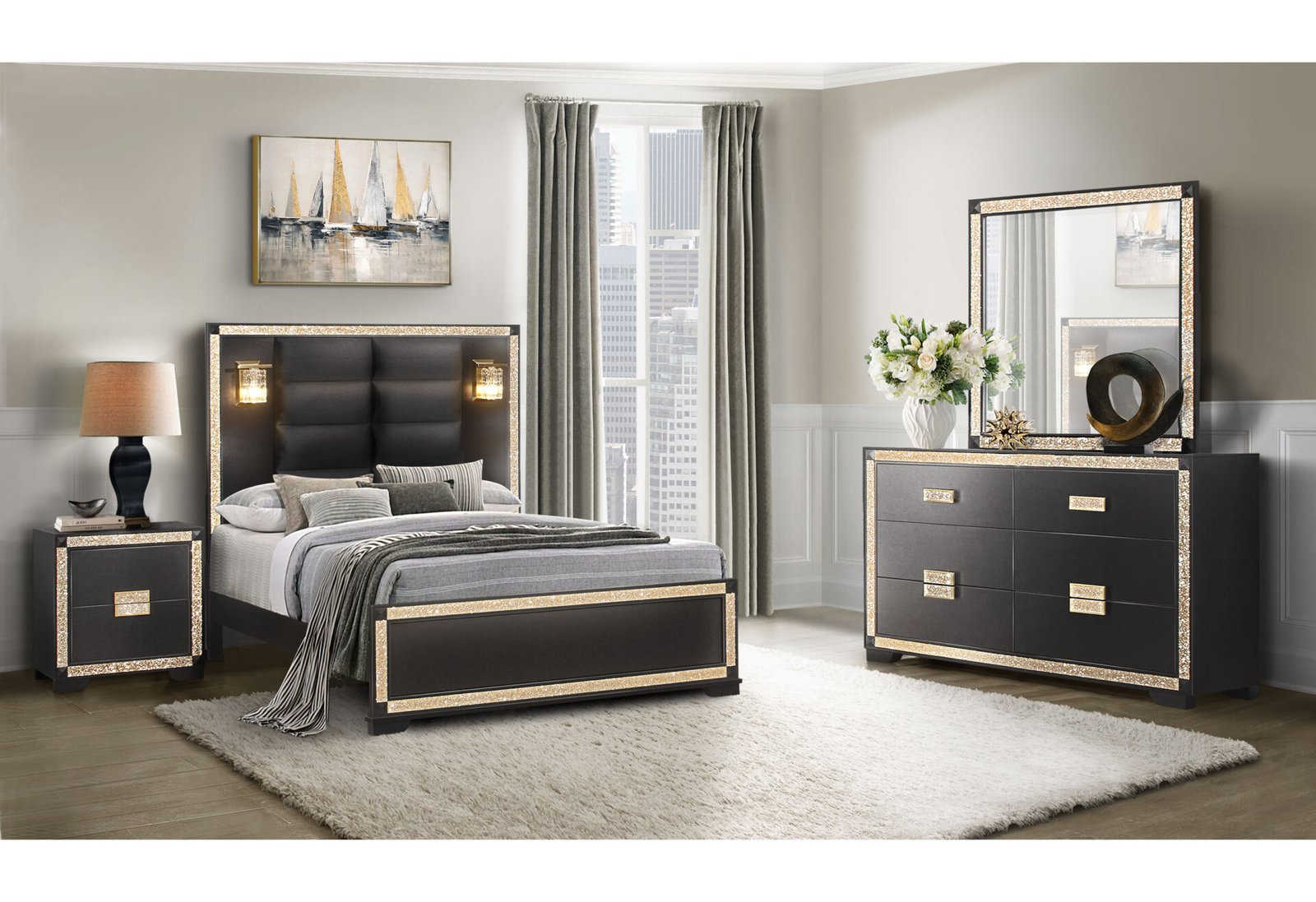 Second image of BLAKE BLACK/GOLD FULL BED WITH LAMPS, DRESSER, MIRROR, NIGHTSTAND