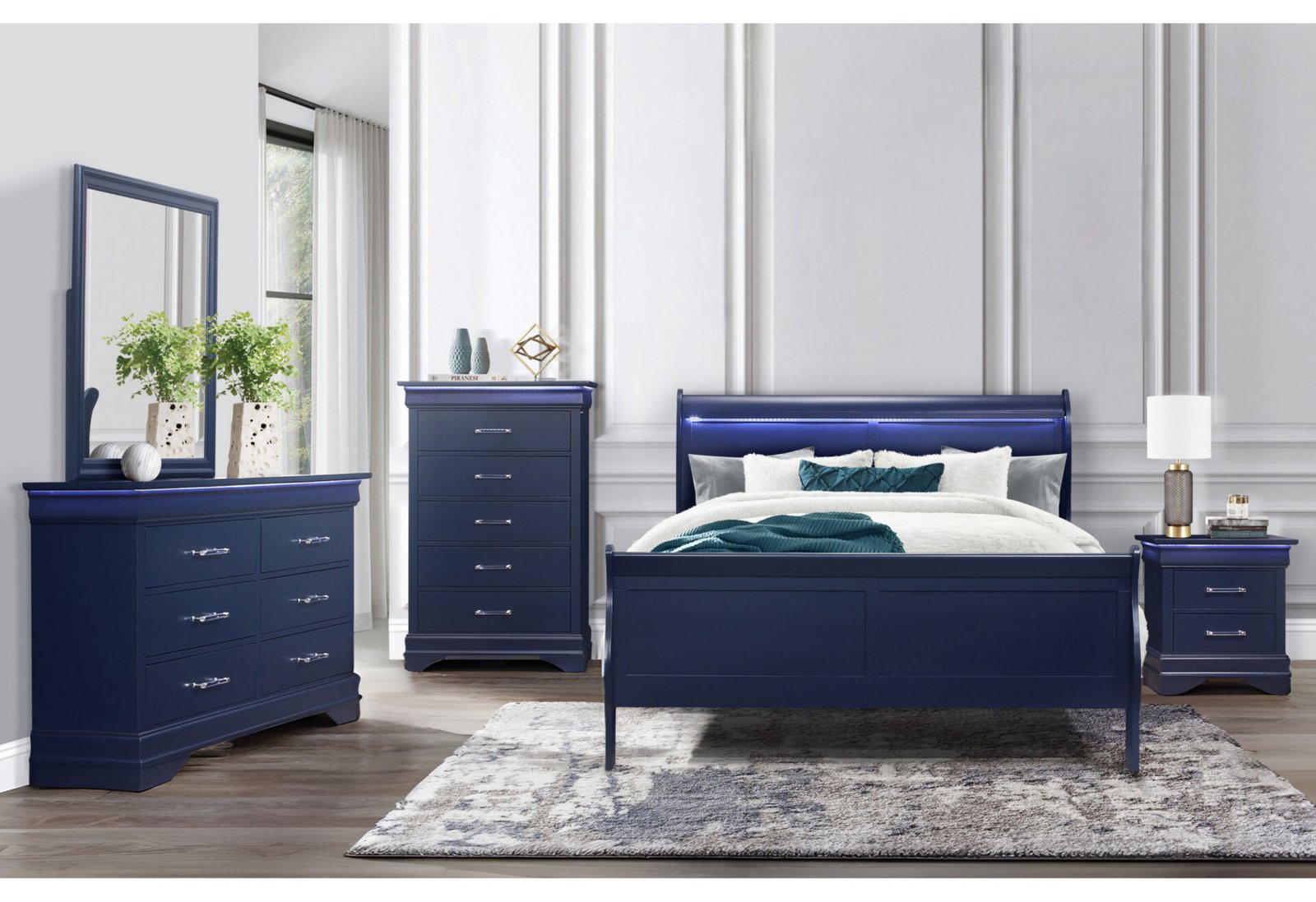 CHARLIE BLUE TWIN BED, DRESSER, MIRROR, & NIGHTSTAND