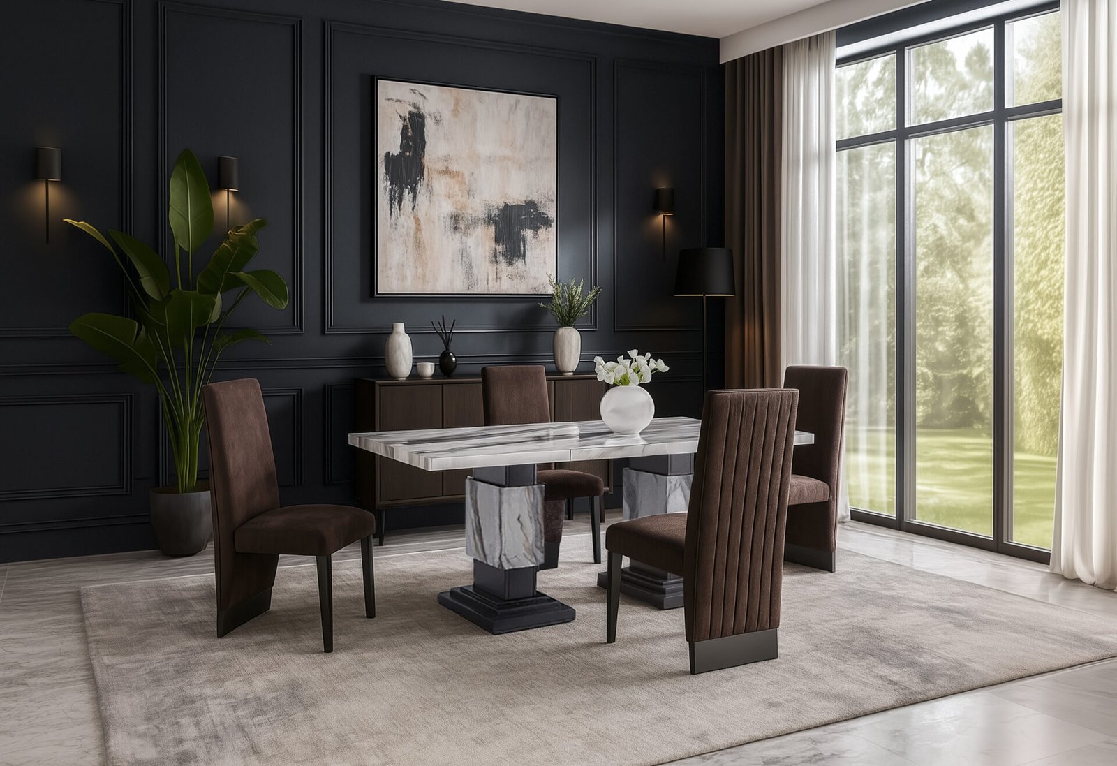 D12 DINING TABLE AND 4 D12 BROWN DINING CHAIRS
