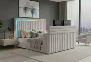 ELIAS GREY QUEEN BED WITH IMMERSIVE SOUND SPEAKER, LED, TV LIFT & FP