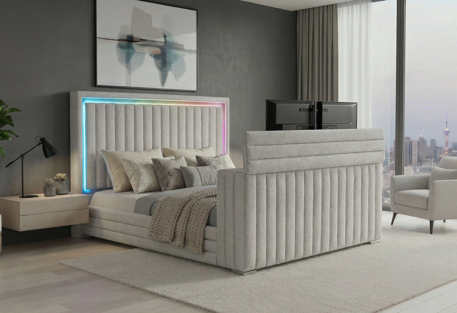 ELIAS GREY QUEEN BED WITH IMMERSIVE SOUND SPEAKER, LED, TV LIFT & FP
