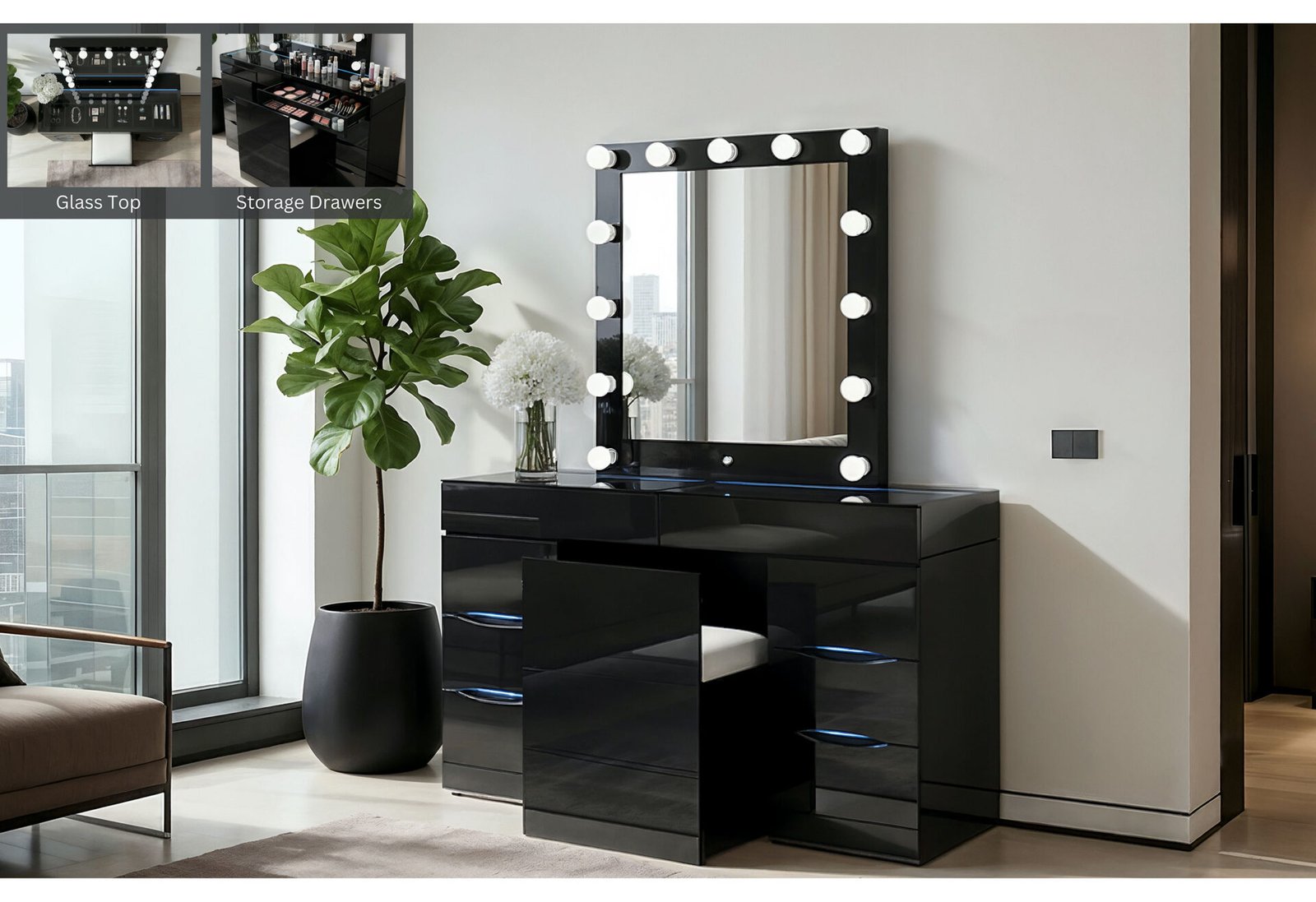 ELLA BLACK VANITY SET WITH STORAGE STOOL