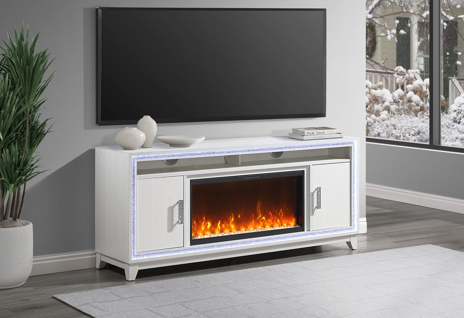 LILY WHITE ENTERTAINMENT UNIT 72 W/ LED, SPEAKERS, CRYSTAL INSERTS