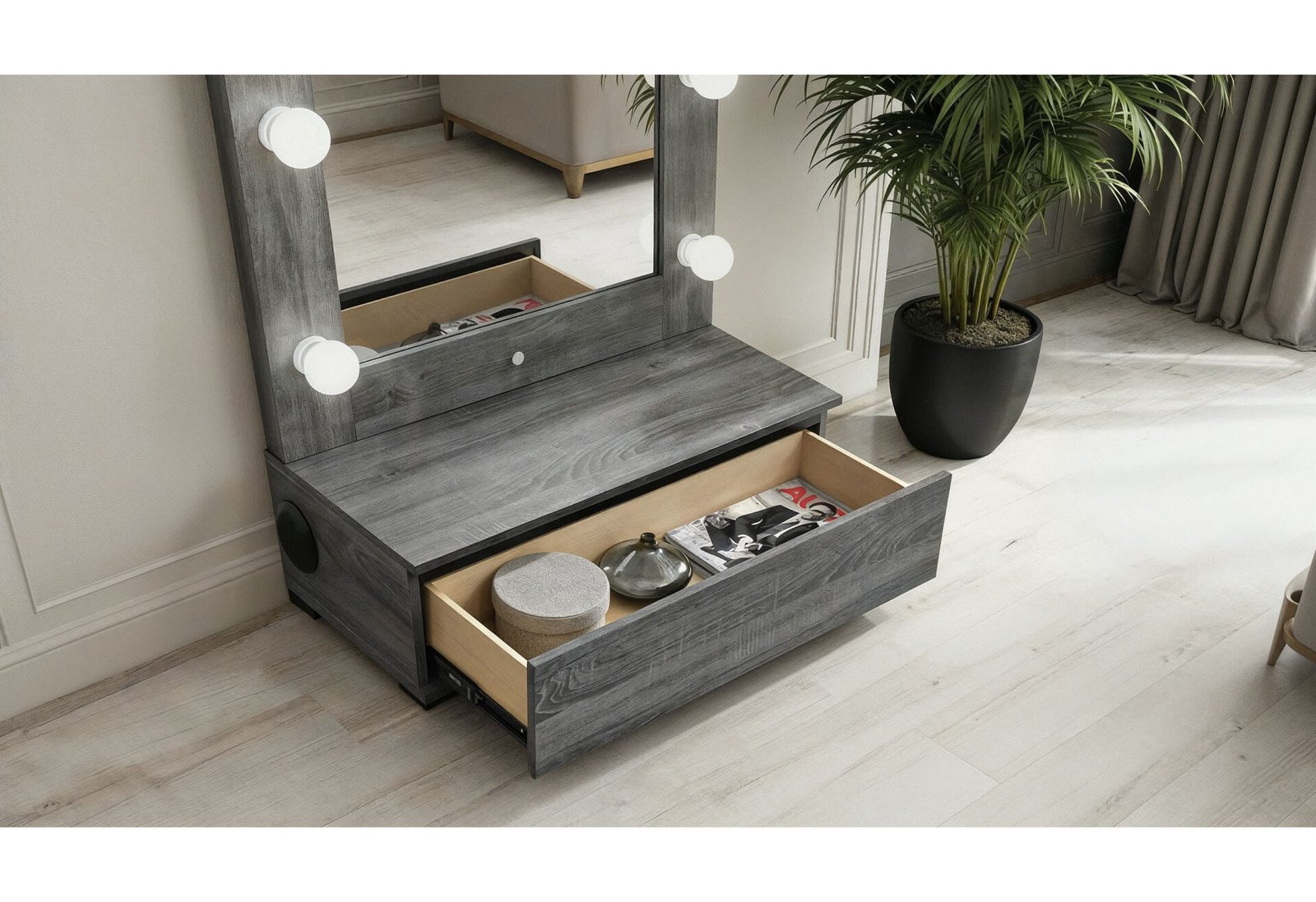 Second image of LEXI GREY TALL MIRROR WITH DRAWER AND SPEAKERS