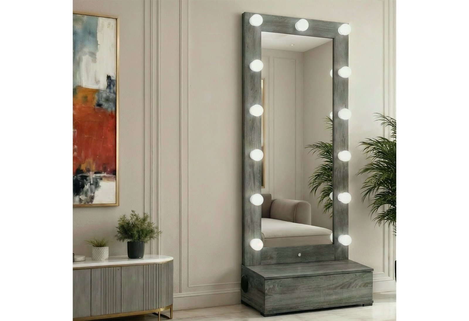 LEXI GREY TALL MIRROR WITH DRAWER AND SPEAKERS