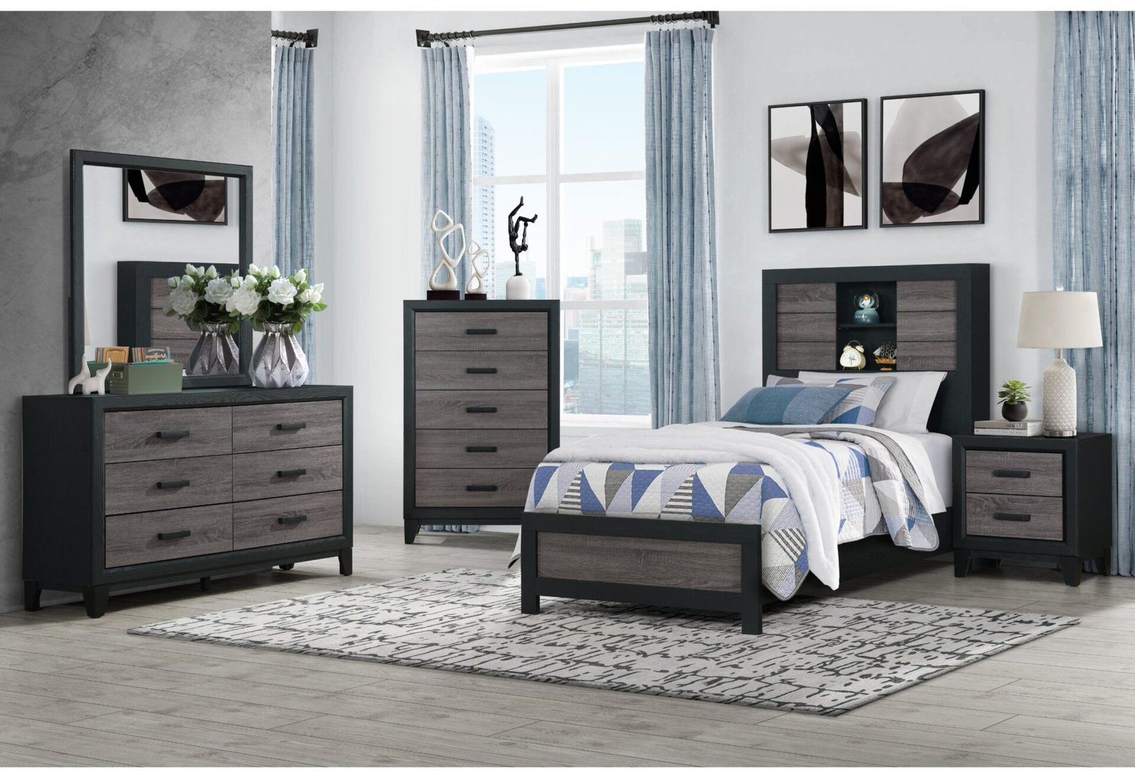 LISBON GREY/BLACK BOOKCASE TWIN BED, DRESSER, MIRROR AND NIGHTSTAND