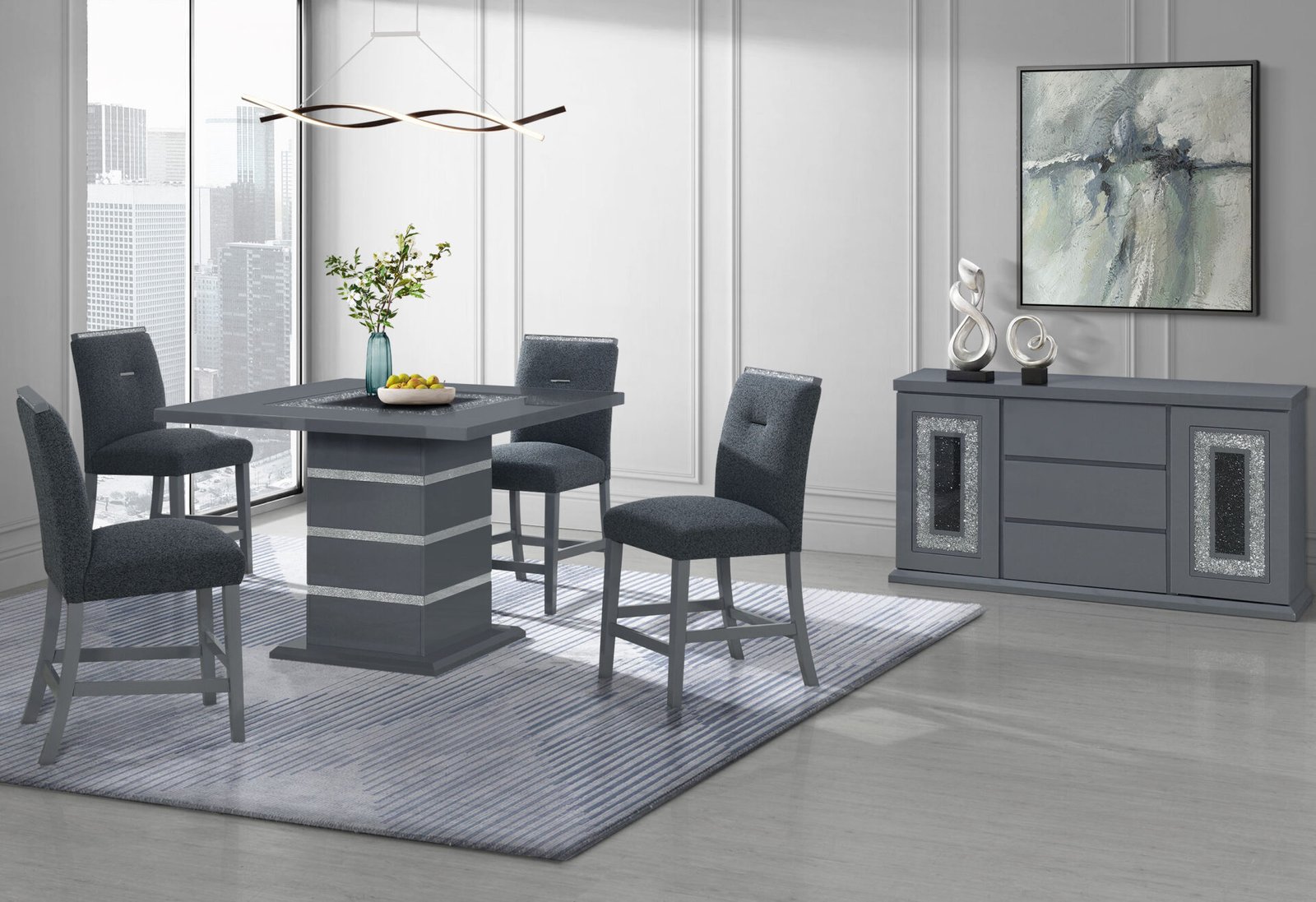 MONACO DARK GREY BAR TABLE AND 6 MONACO DARK GREY BAR STOOLS