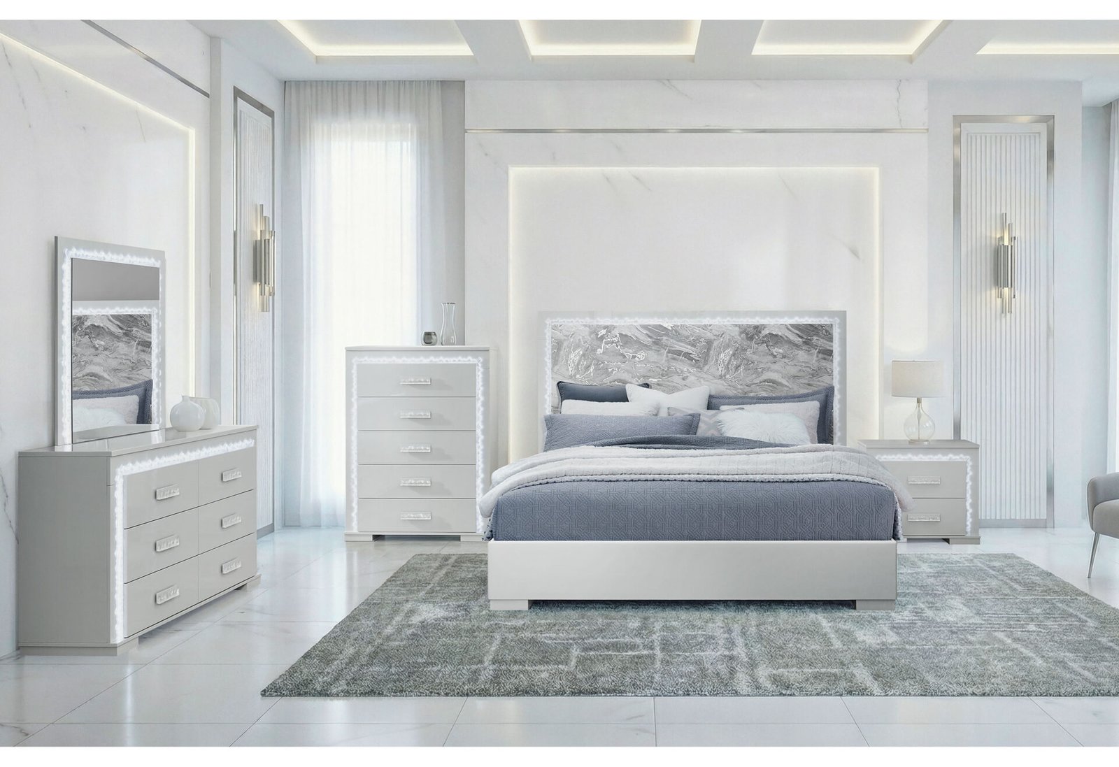 NAOMI SILVER MARBLE KING BED GROUP WITH LED