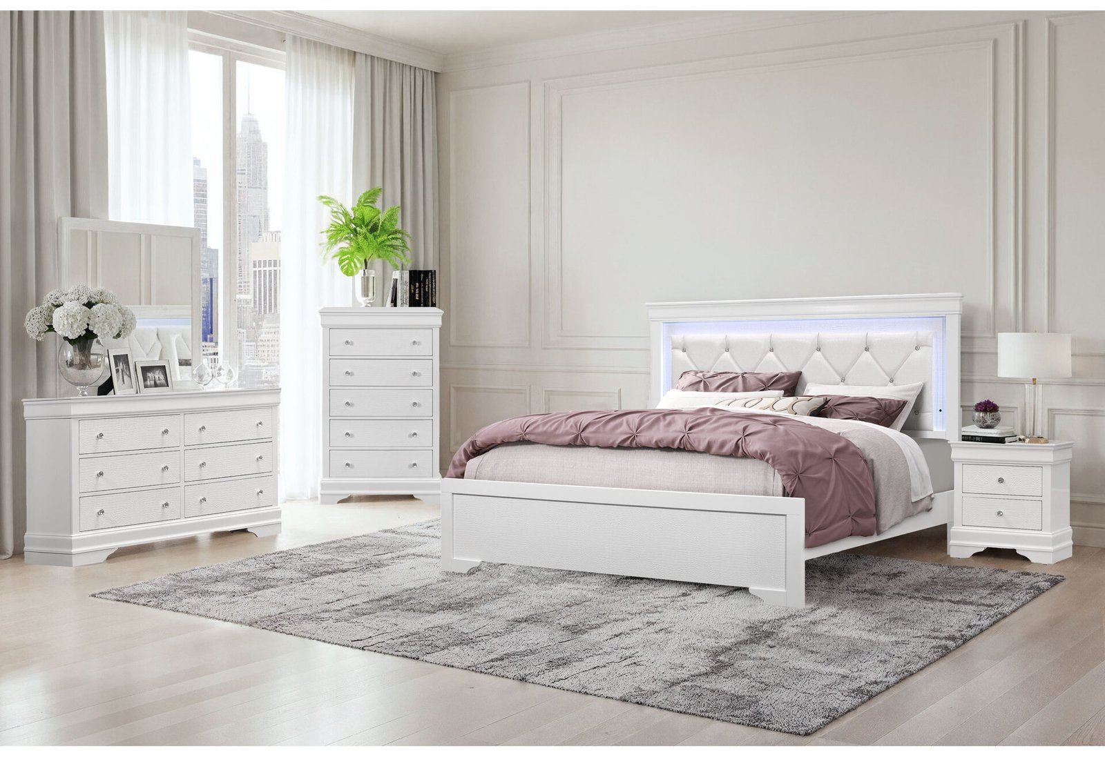 POMPEI METALLIC WHITE QUEEN BED GROUP WITH LED