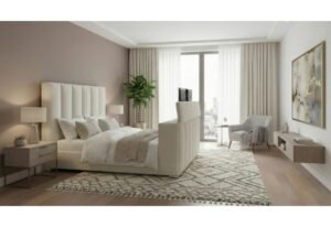 SERENITY CREMA KING BED WITH SPEAKER, TV LIFT AND FIREPLACE