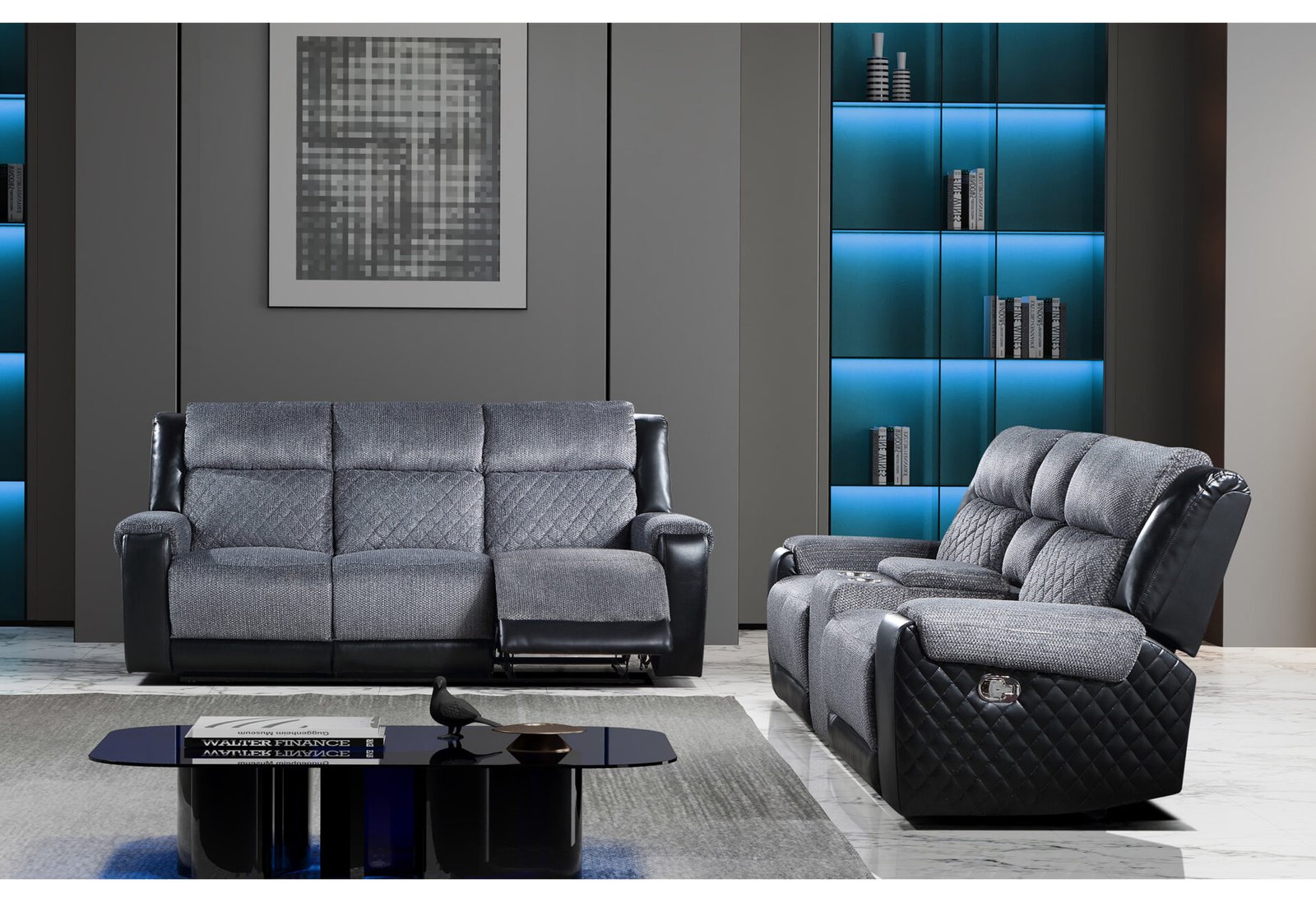 U5914/U5915 GREY/BLACK REC SOFA/CRLS W/IMMERSIVE SOUND & BLUE LED