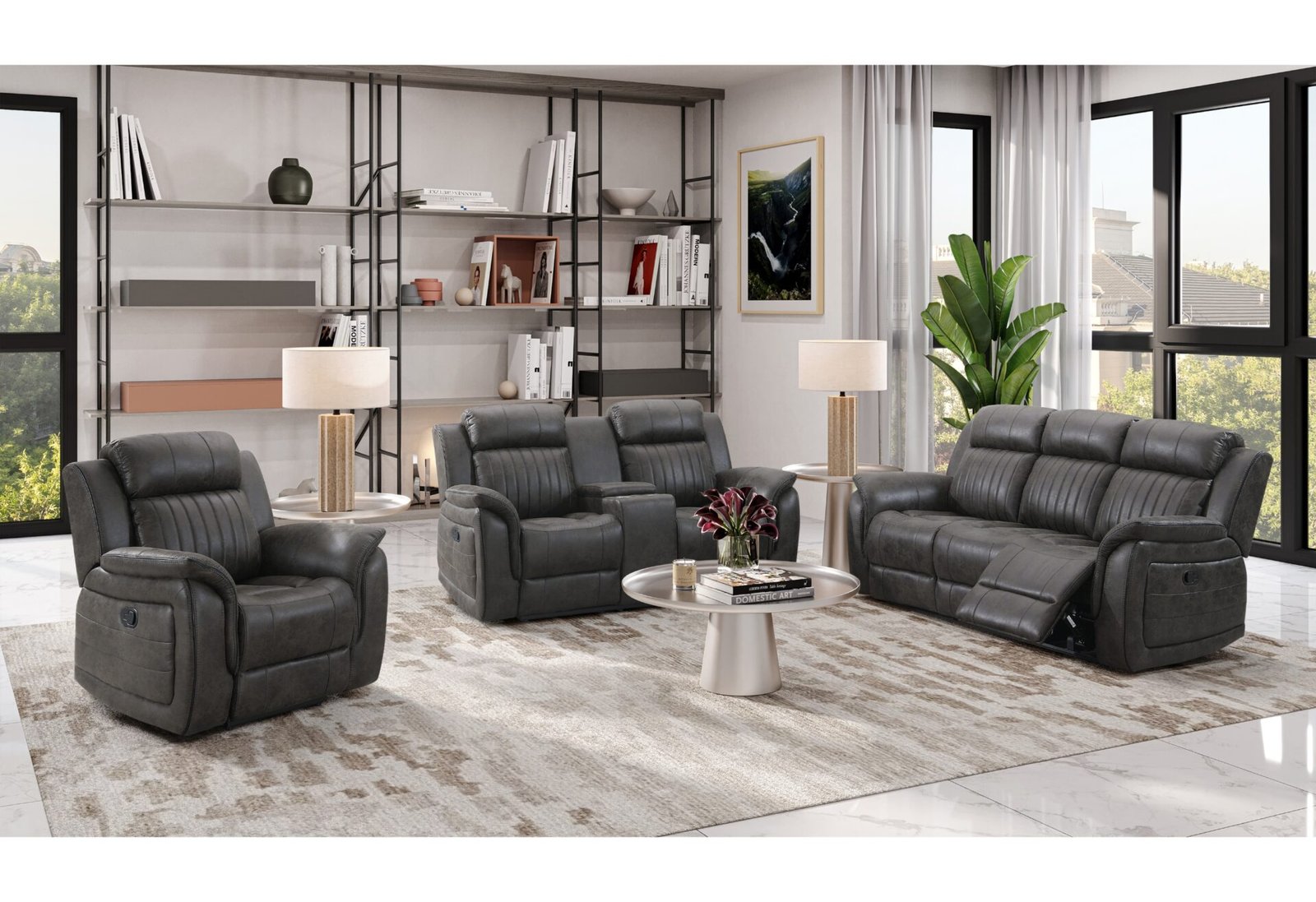 U8517 GREY RECLINING SOFA/CONSOLE RECLINING LOVESEAT/GLIDER RECLINER