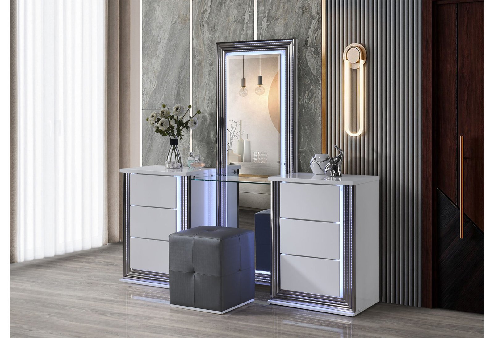 Second image of YLIME SMOOTH WHITE QUEEN BED GROUP FULLY SLATTED W/ VANITY SET