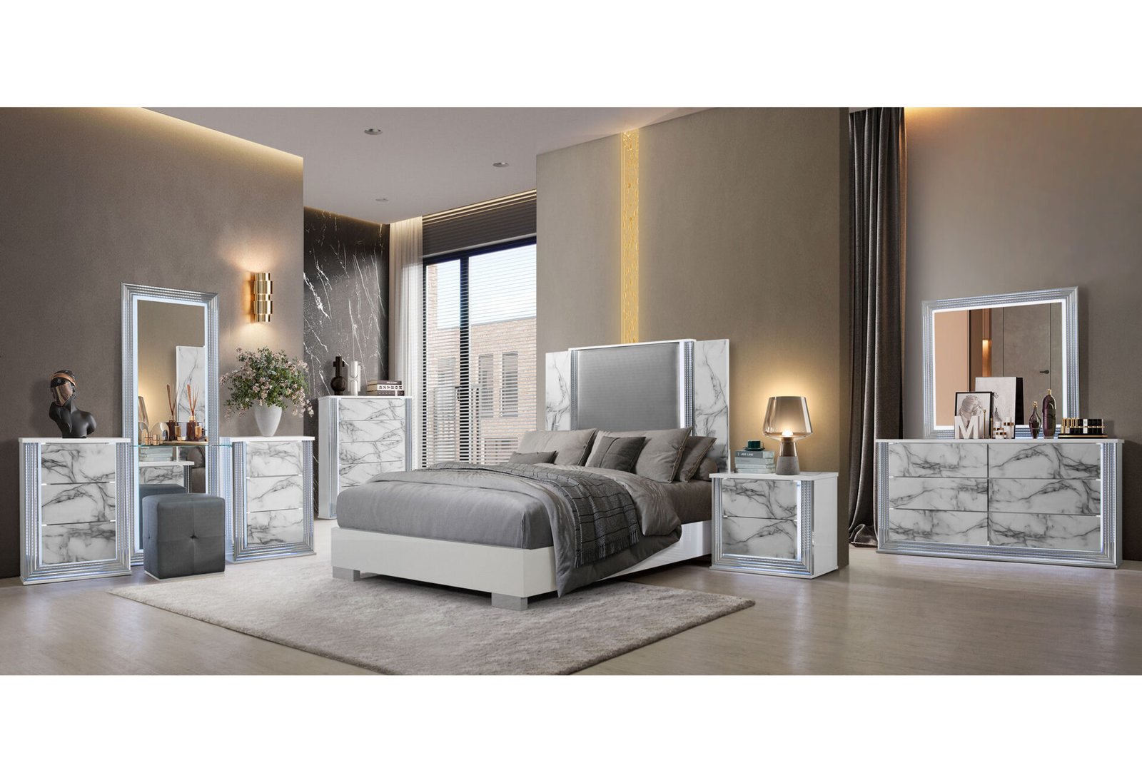 YLIME WHITE MARBLE QUEEN BED GROUP FULLY SLATTED WITH VANITY SET