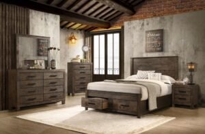 WOODMONT 5-PIECE QUEEN BEDROOM SET RUSTIC GOLDEN BROWN