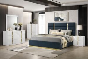 INES 5-PIECE QUEEN BEDROOM SET NAVY AND WHITE HIGH GLOSS