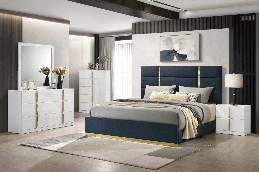 INES 5-PIECE QUEEN BEDROOM SET NAVY AND WHITE HIGH GLOSS