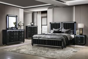 RAVENNE 5-PIECE VELVET UPHOLSTERED QUEEN LED BEDROOM SET BLACK