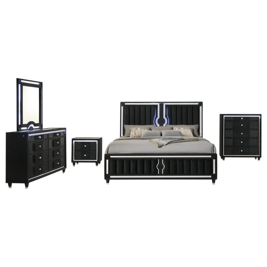 Second image of RAVENNE 5-PIECE VELVET UPHOLSTERED QUEEN LED BEDROOM SET BLACK