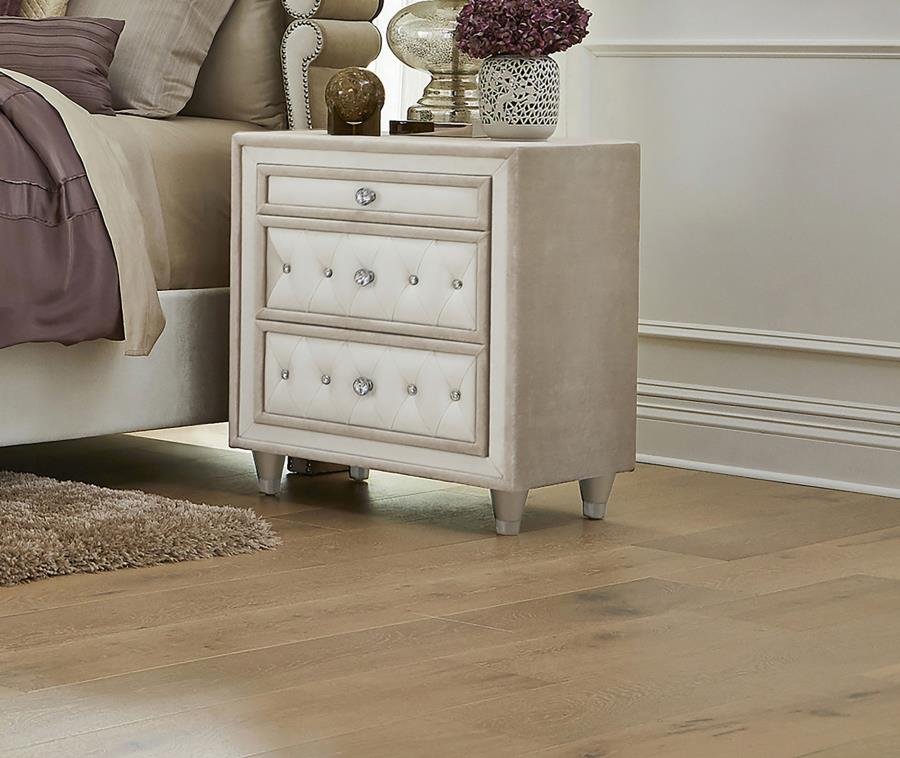 Second image of ANTONELLA UPHOLSTERED 3-DRAWER NIGHTSTAND IVORY AND CAMEL
