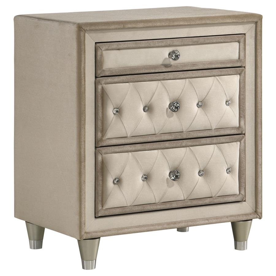 ANTONELLA UPHOLSTERED 3-DRAWER NIGHTSTAND IVORY AND CAMEL