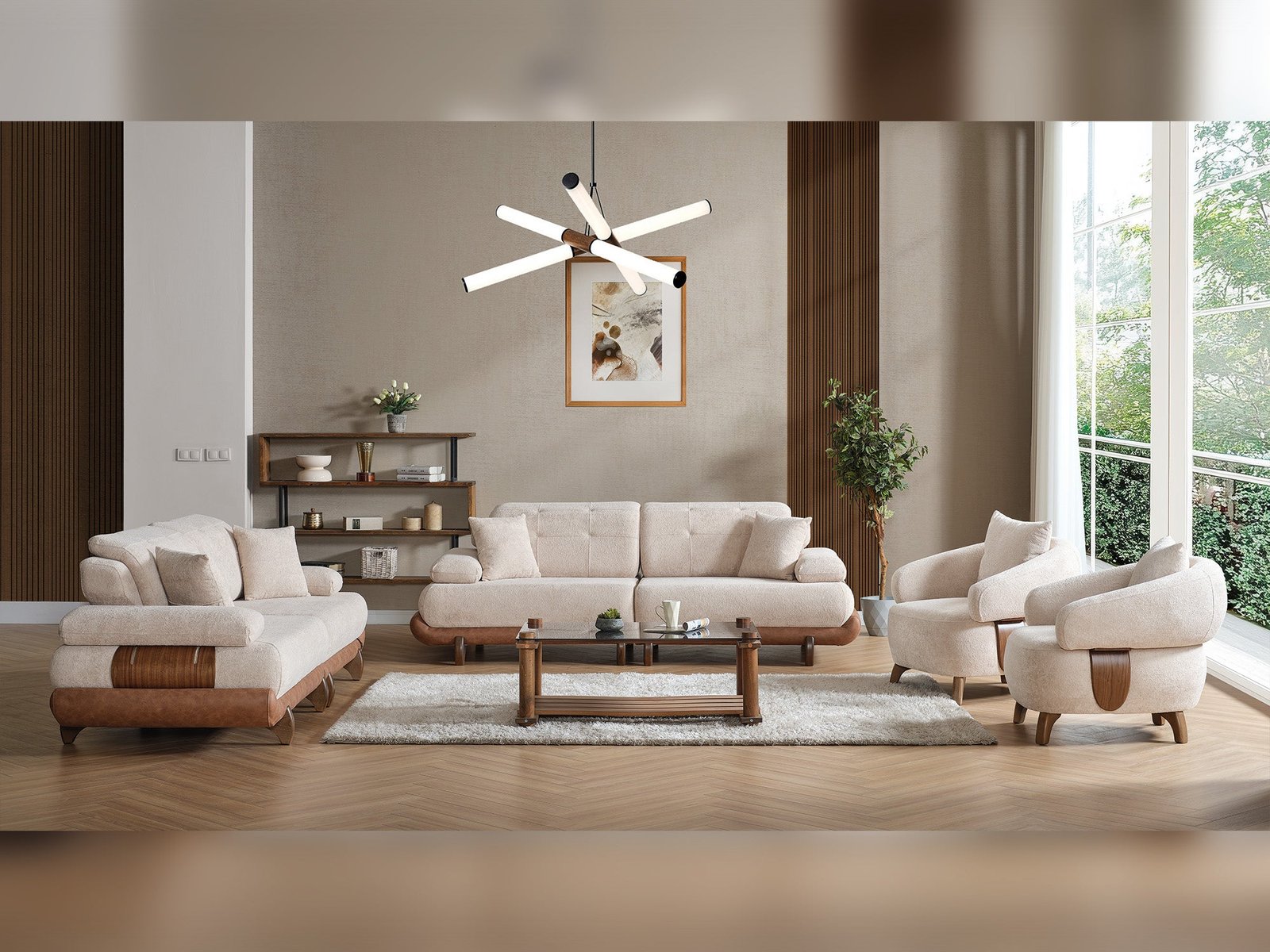 Second image of Alexa 4-pieces (Sofa & Module Sofa & 2 Chair) Livingroom Set Cream