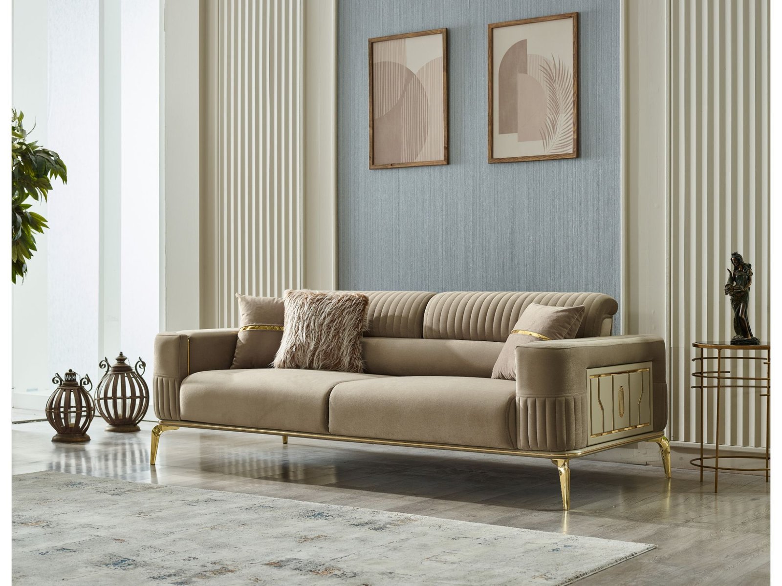Second image of Armoni Convertible Sofa Beige With Gold Legs
