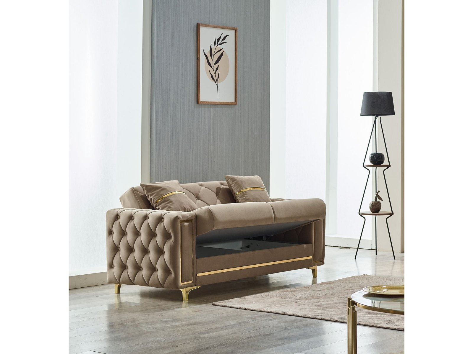 Second image of Bolivya Convertible Loveseat Beige With Gold Legs