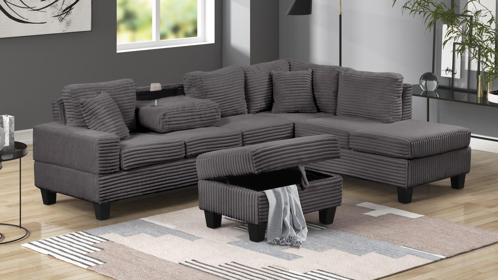COZY SECTIONAL SOFA WITH OTTOMAN GRAY