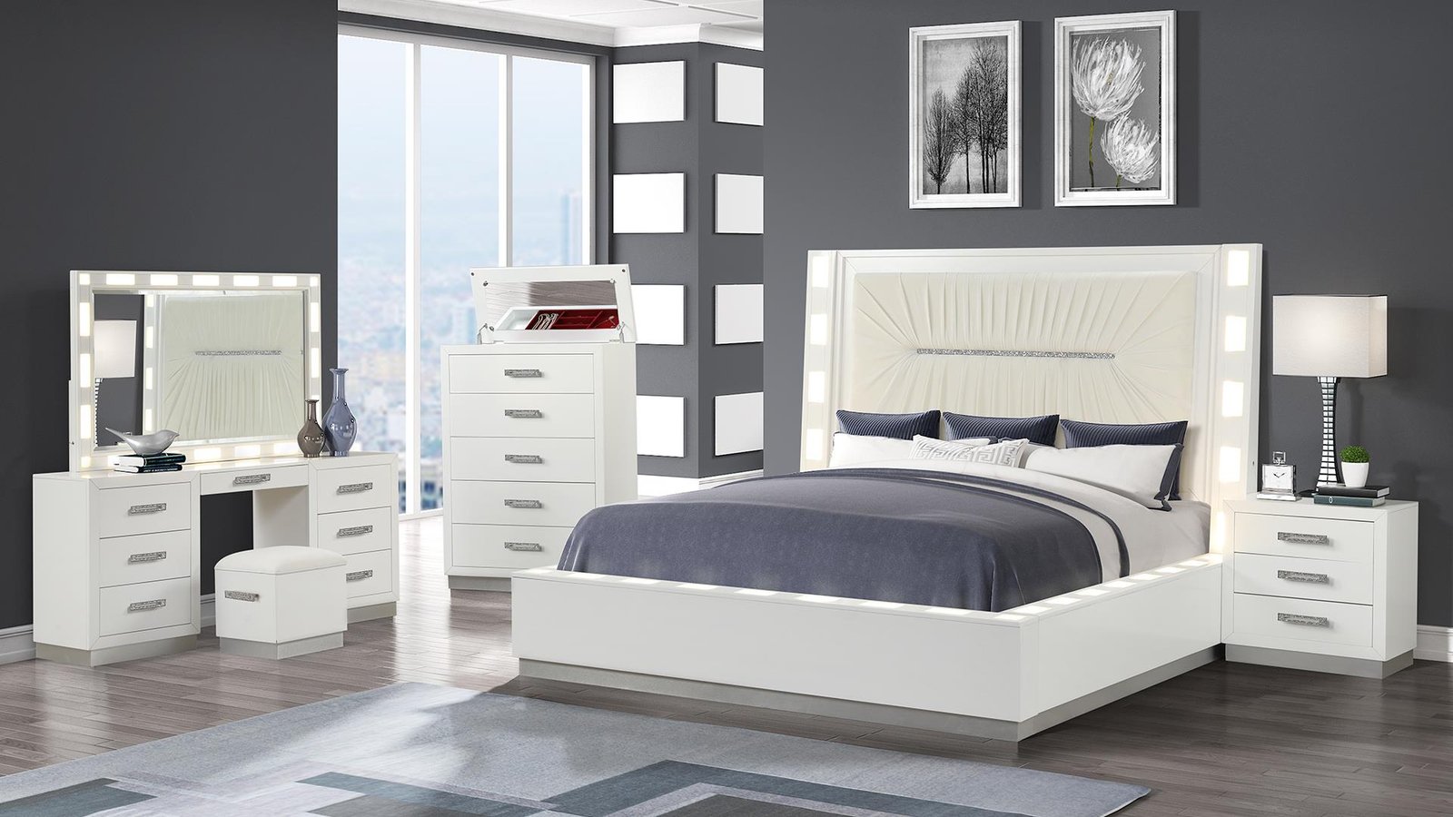 Second image of COCO QUEEN 5 PC VANITY BEDROOM SET IN MILKY WHITE