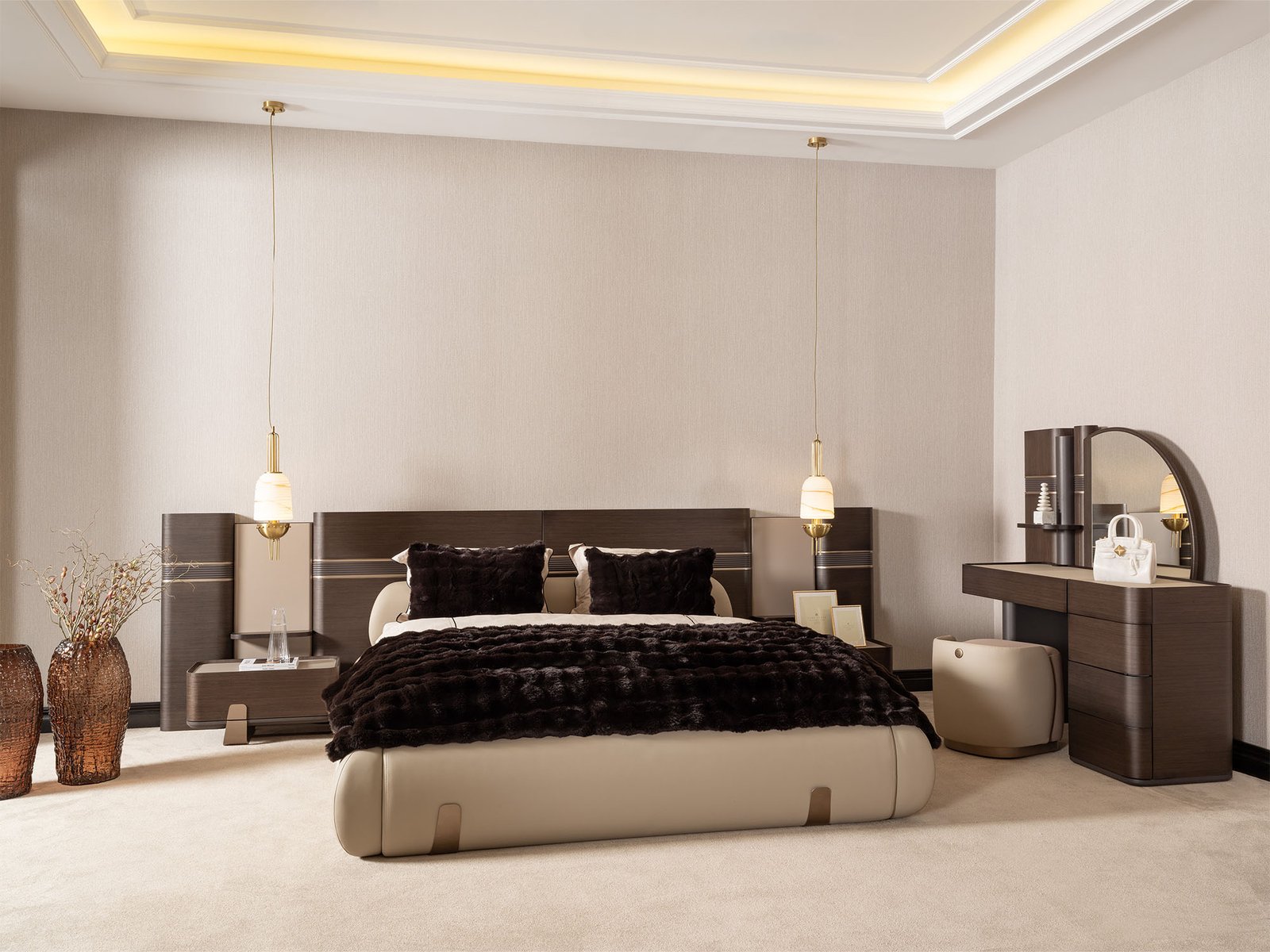 Corte Bedroom (Queen Frame With Headboard & Dresser With Mirror & Ottoman & 2 Nightstand)