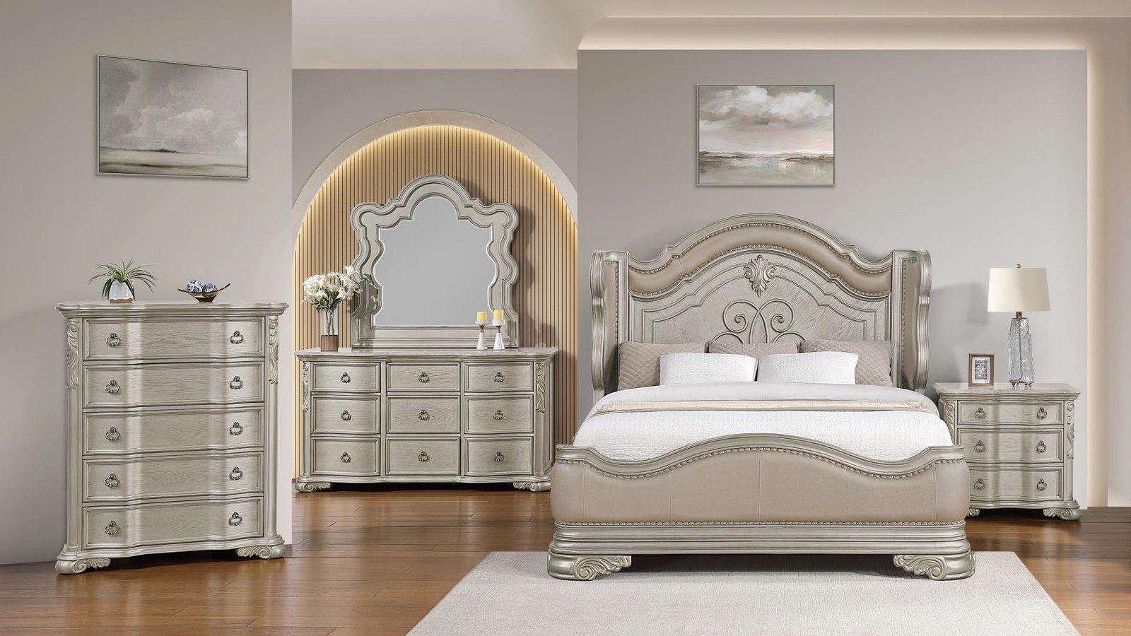 BELLA QUEEN 5 PC BEDROOM SET IN CHAMPAGNE