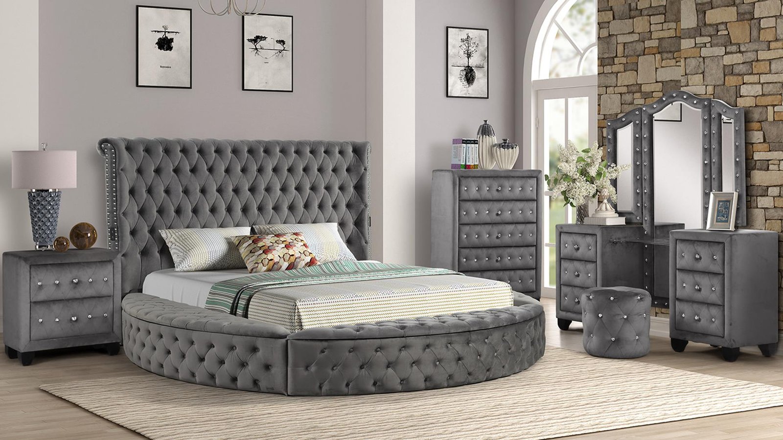 Second image of HAZEL QUEEN 4 PC VANITY BEDROOM SET IN GRAY