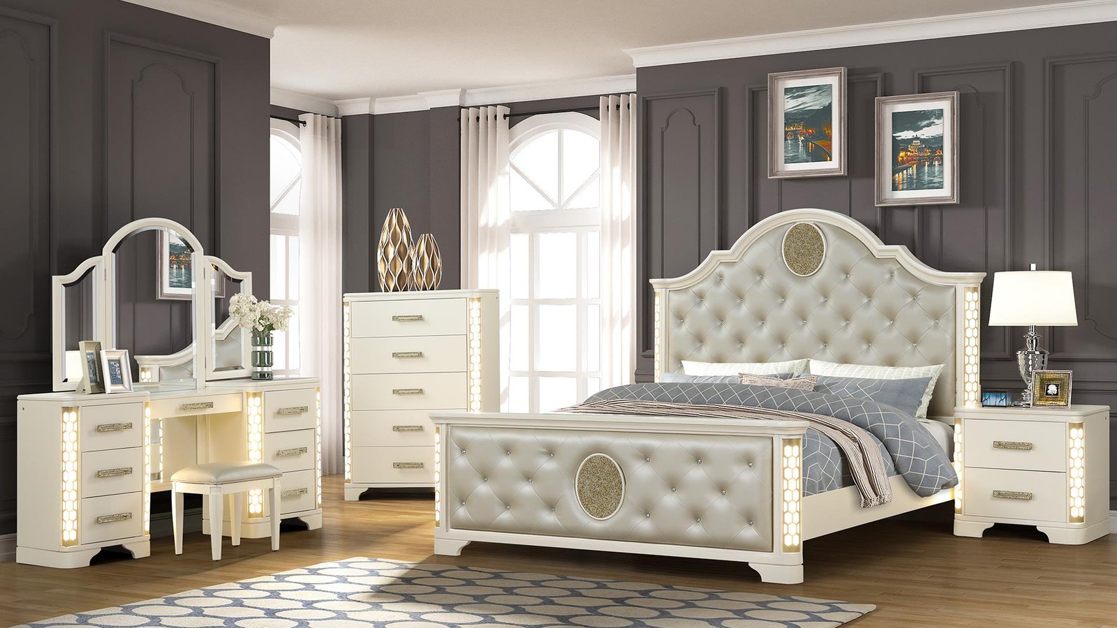 Second image of JASMINE QUEEN 4 PC VANITY BEDROOM SET IN BEIGE