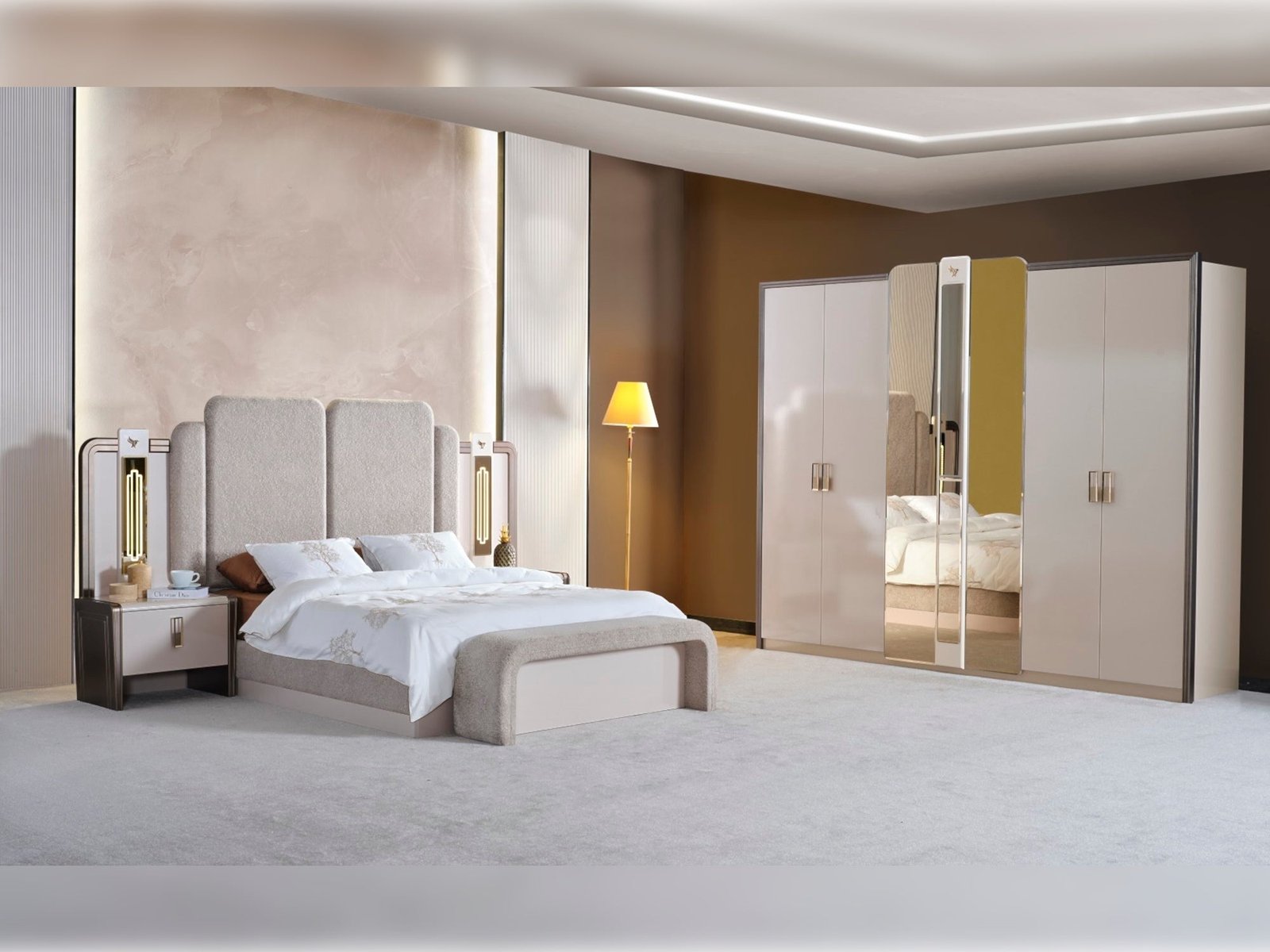 Nirvana Bedroom (Queen Bed & Dresser With Mirror & Ottoman & 2 Nightstand With Back )