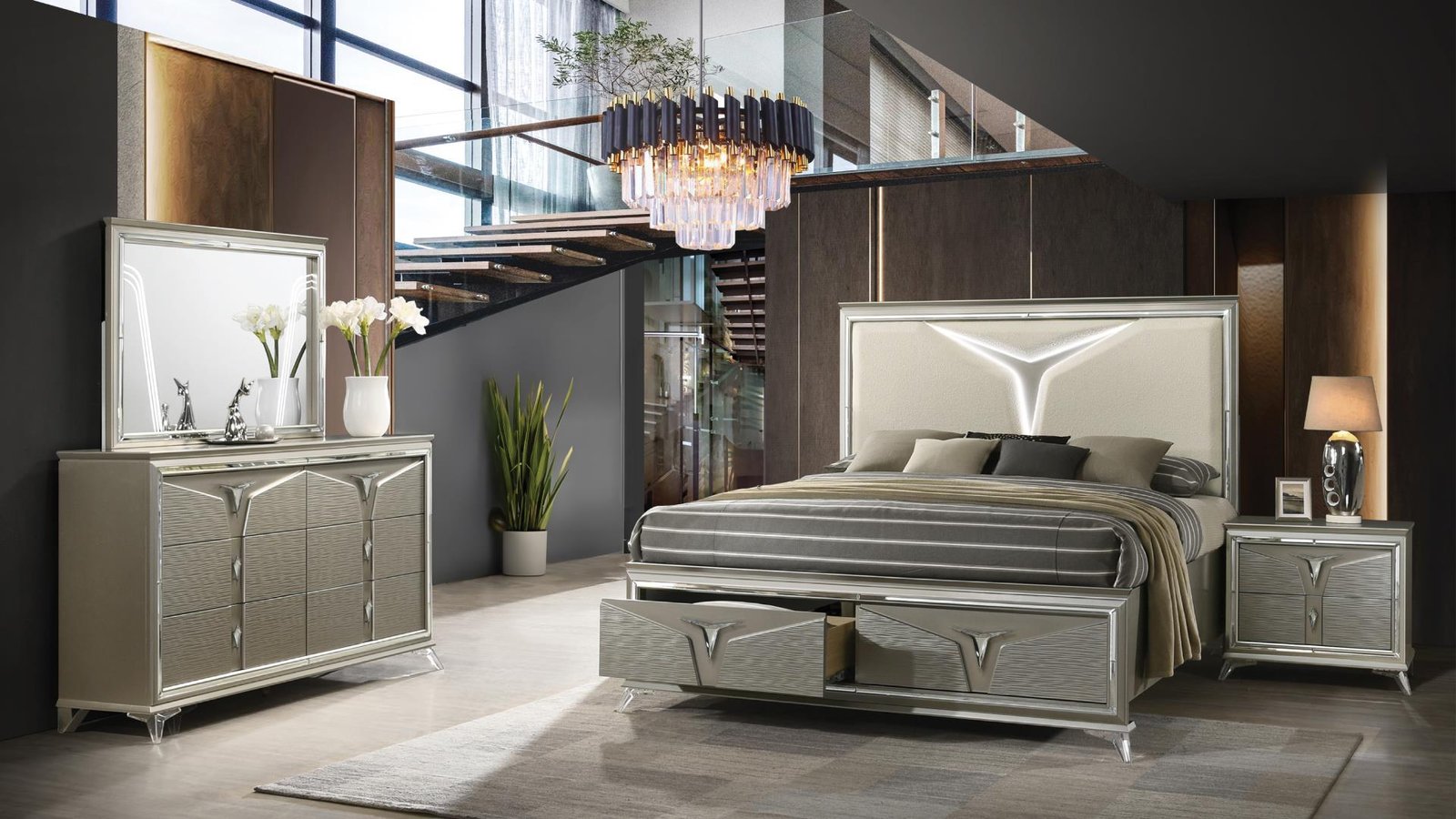 SAMANTHA QUEEN 4 PC BEDROOM SET IN OLIVE SILVER