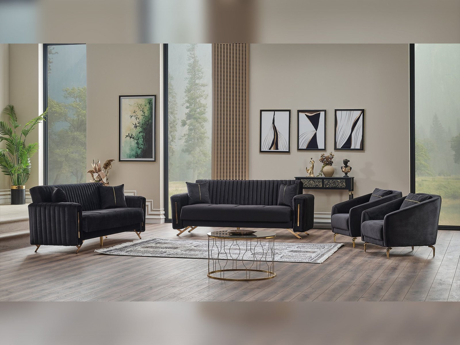 Second image of Senfoni 3-pieces (Sofa & Loveseat & Chair) Livingroom Set Black