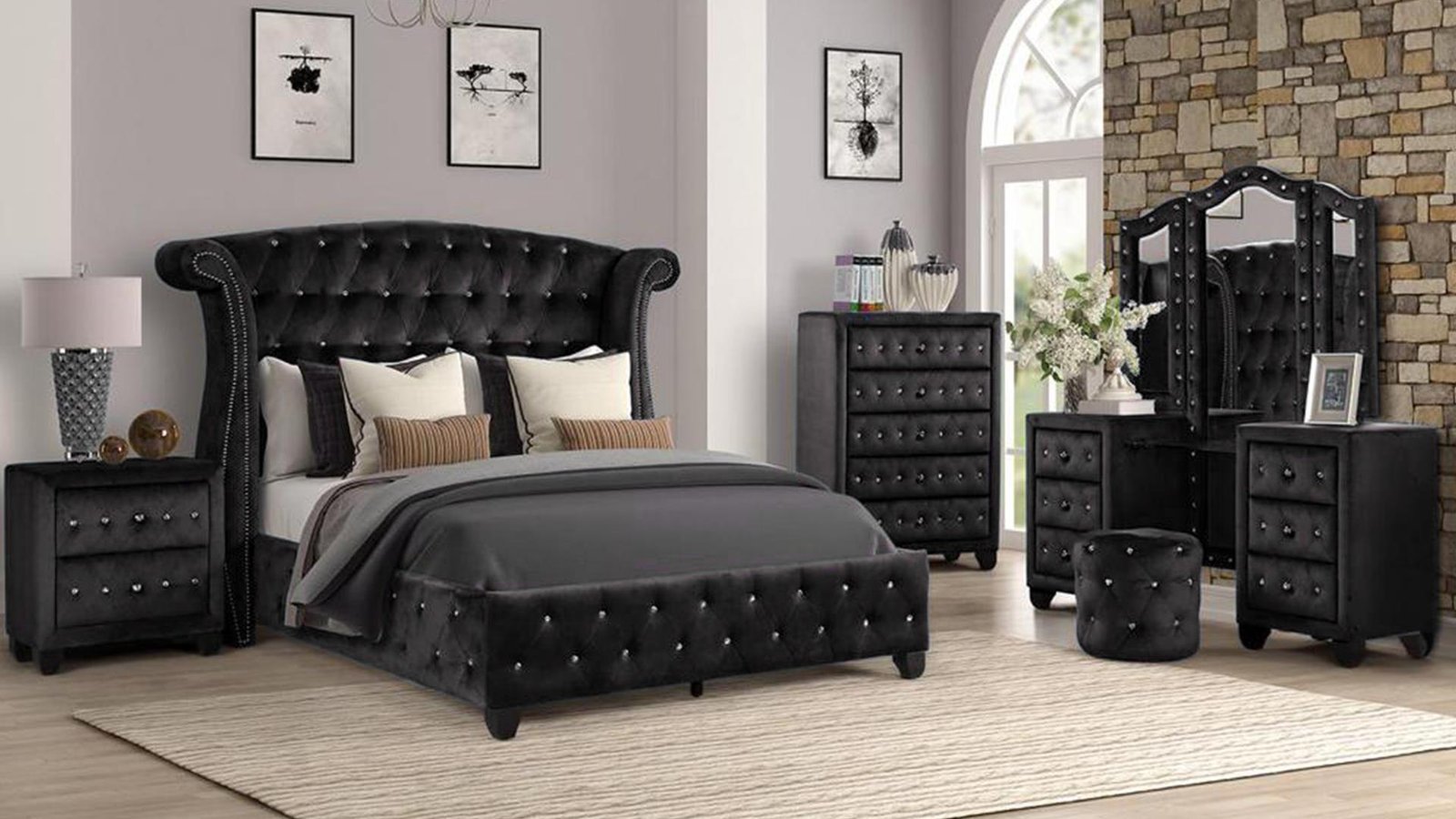 Second image of SOPHIA FULL 4 PC VANITY BEDROOM SET IN BLACK