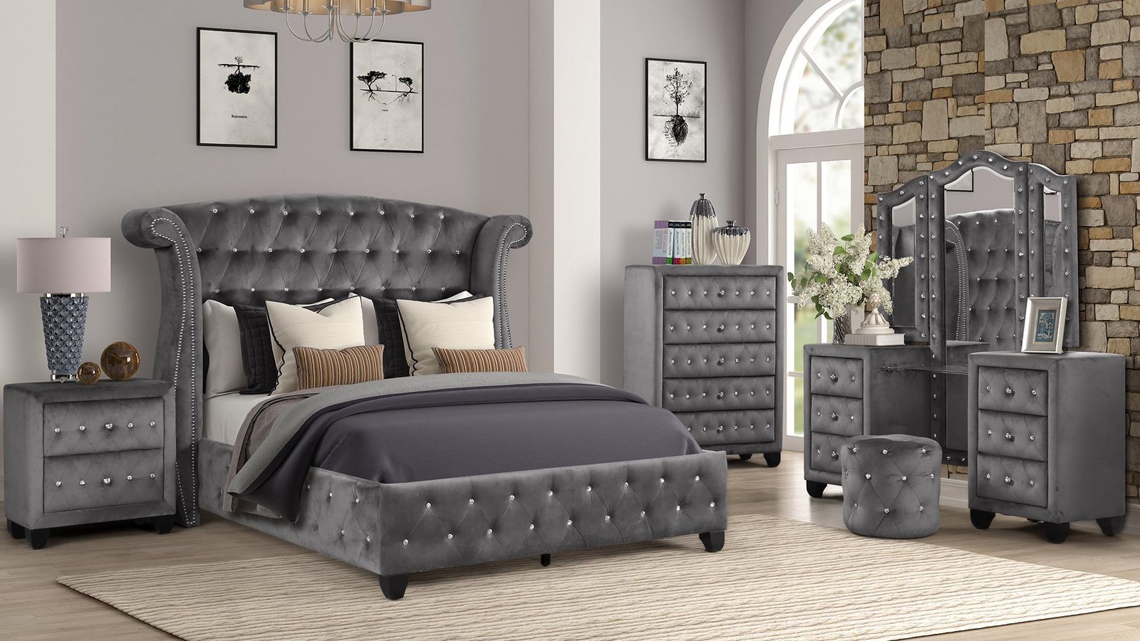 Second image of SOPHIA FULL 4 PC VANITY BEDROOM SET IN GRAY