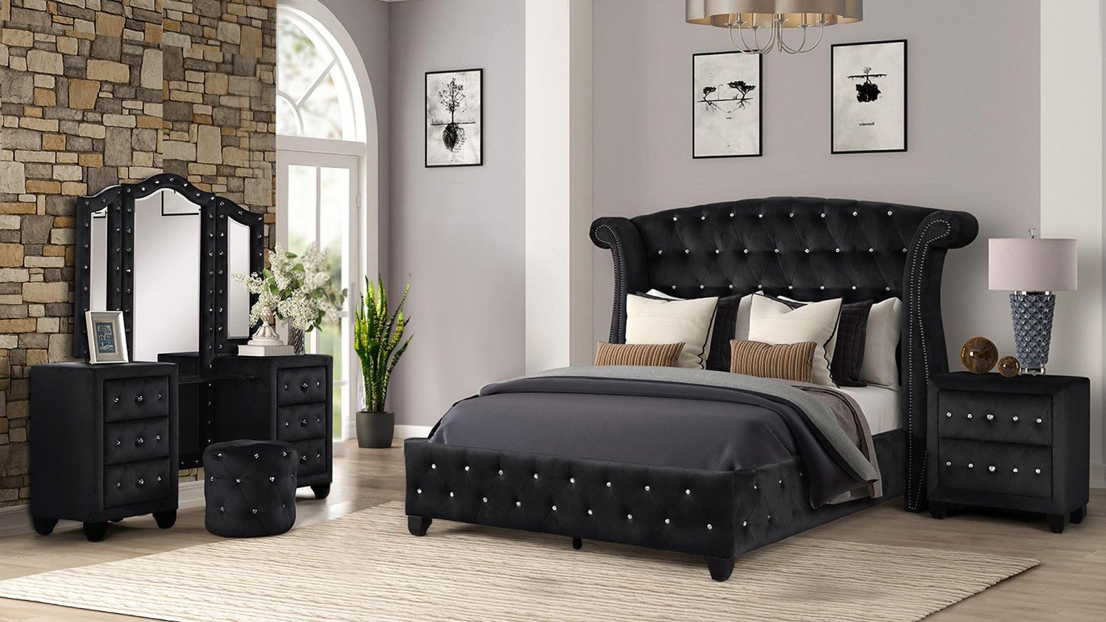 SOPHIA FULL 4 PC VANITY BEDROOM SET IN BLACK