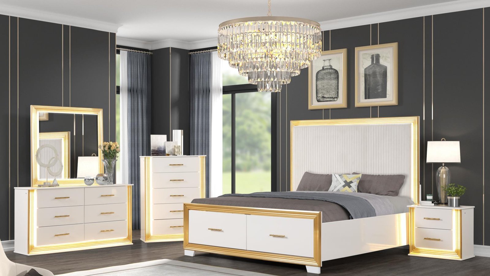 Second image of OBSESSION KING 4 PC BEDROOM SET IN WHITE &AMP; GOLD